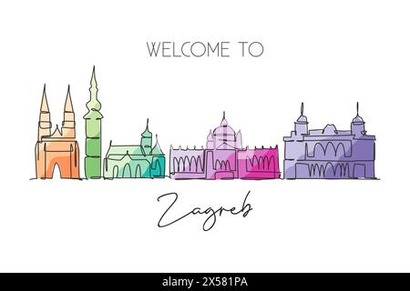 Un dessin au trait continu de l'horizon de la ville de Zagreb, Croatie. Magnifique point de repère. Paysage mondial tourisme voyage vacances décoration murale imprimé affiche. Styl Illustration de Vecteur