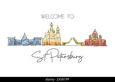 Un dessin en ligne continue de la skyline de Pétersbourg, Russie. Magnifique point de repère. Tourisme de paysage mondial et vacances de voyage. Style modifiable Illustration de Vecteur