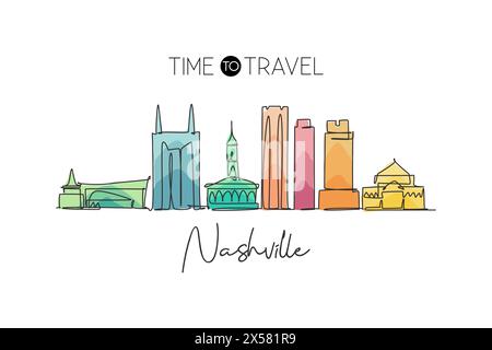 Une ligne continue dessinant les gratte-ciel de Nashville, Tennessee. Un site magnifique. Affiche de voyage touristique paysage du monde. St. Élégante modifiable Illustration de Vecteur