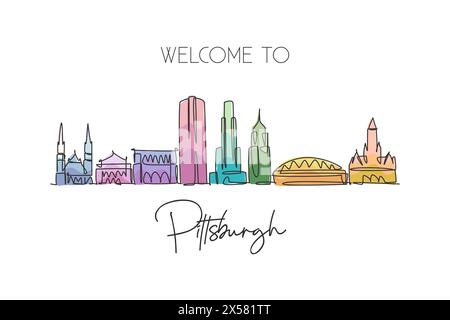 Un dessin à la ligne de Pittsburgh City skyline, Pennsylvanie. Paysage de ville historique dans le monde. Meilleure destination de vacances. Trait modifiable tendance Illustration de Vecteur