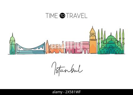 Un dessin au trait continu de l'horizon de la ville d'Istanbul, Turquie. Magnifique point de repère. Affiche de vacances de voyage de tourisme de paysage mondial. Str. Élégante modifiable Illustration de Vecteur