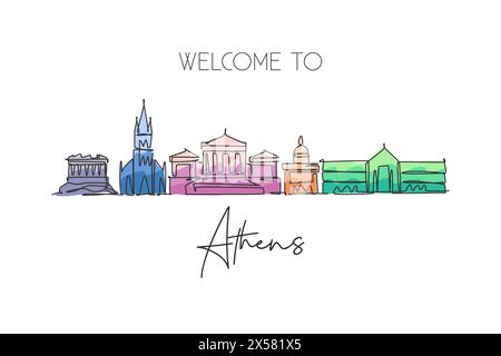 Dessin au trait continu unique de l'horizon de la ville d'Athènes, Grèce. Célèbre paysage de grattoir de ville. World Travel concept Home Wall Decor poster imprimé M Illustration de Vecteur