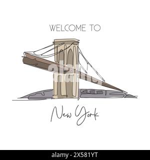 Une ligne continue dessinant le point de repère du pont de Brooklyn. Beauté du monde lieu emblématique à New York, États-Unis. Concept d'impression d'affiche d'art décoration murale à la maison. Péché moderne Illustration de Vecteur