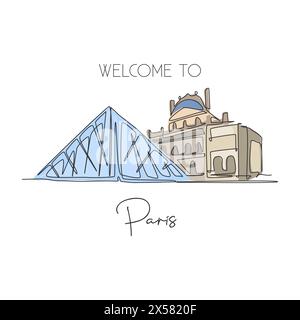 Depok, Indonésie - 5 août 2019 : dessin au trait continu unique de bienvenue au Musée du Louvre ou au Musée du Louvre. Bel endroit célèbre à Paris, Fra Illustration de Vecteur