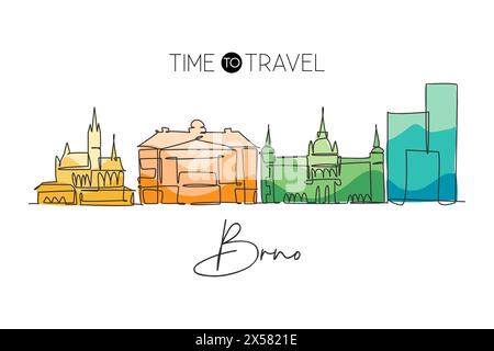 Un dessin à la ligne de l'horizon de la ville de Brno, République tchèque. Paysage de ville historique dans le monde. Meilleure destination de vacances. Trait modifiable tendance Illustration de Vecteur