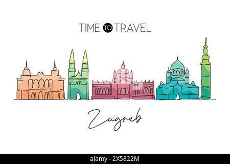 Dessin en ligne continue unique de l'horizon de la ville de Zagreb, Croatie. Célèbre paysage de grattoir de ville. World Travel concept poster print Home Wall Decor Illustration de Vecteur