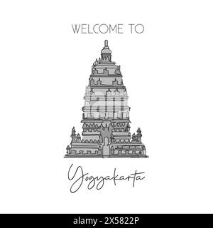 Une ligne continue dessinant le monument du temple de Prambanan. Lieu emblématique du monde à Jogjakarta, Indonésie. Concept d'impression d'affiche de décoration murale de vacances de vacances. Illustration de Vecteur