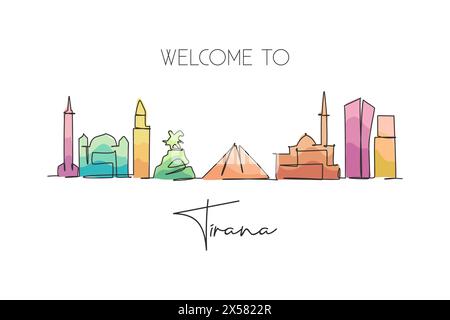 Un dessin au trait continu de l'horizon de la ville de Tirana, Albanie. Magnifique point de repère. Tourisme de paysage mondial et affiche de vacances de voyage. Style modifiable Illustration de Vecteur