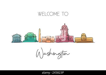 Un dessin au trait continu de la skyline de Washington, États-Unis. Magnifique point de repère. Paysage mondial tourisme vacances poster imprimé décoration murale. S Illustration de Vecteur