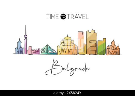 Un dessin au trait de Belgrade City skyline Serbie. Paysage de ville historique dans le monde. Meilleure affiche de destination de vacances. Trait modifiable tren Illustration de Vecteur