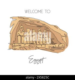 Une seule ligne dessinant le point de repère d'Abu Simbel. Célèbre iconique dans le village égyptien Nubia. Tourisme voyage carte postale maison décor mur art concept d'affiche. Mode Illustration de Vecteur