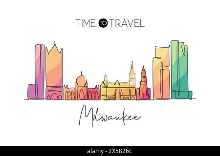 Un dessin au trait continu de l'horizon de la ville de Milwaukee, États-Unis. Magnifique point de repère. Tourisme de paysage mondial et affiche de voyage. Style modifiable Illustration de Vecteur