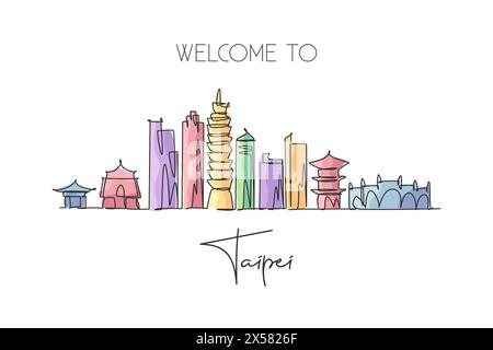 Un dessin au trait continu de l'horizon de la ville de Taipei, Taiwan. Magnifique point de repère. Tourisme de paysage mondial et vacances de voyage. Trait stylé modifiable s Illustration de Vecteur