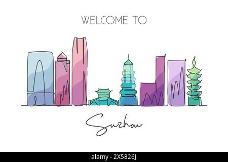 Dessin de ligne continue unique de Suzhou ville skyline, Chine. Célèbre grattoir de ville et affiche de décoration murale de paysage. Concept de voyage mondial. Stro modifiable Illustration de Vecteur