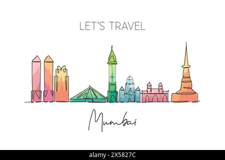 Dessin au trait continu unique de l'horizon de la ville de Mumbai, Inde. Célèbre grattoir de ville et carte postale de paysage. Concept de voyage mondial. Contour modifiable moderne Illustration de Vecteur