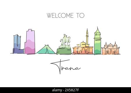 Dessin au trait continu unique de l'horizon de la ville de Tirana, Albanie. Célèbre paysage de grattoir de ville. World Travel concept mur décor maison art poster imprimé. Illustration de Vecteur