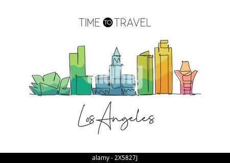 Dessin en ligne continue unique de l'horizon de la ville de Los Angeles, États-Unis. Paysage de ville célèbre. Concept de voyage du monde décoration murale maison poster imprimé Ar Illustration de Vecteur