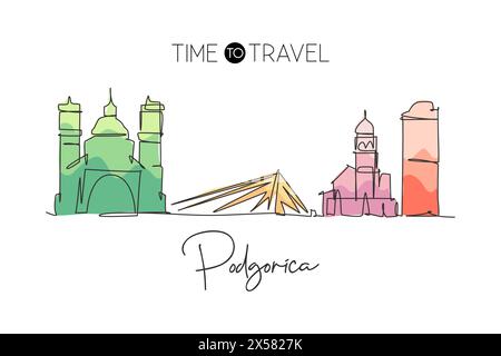 Un dessin à la ligne de l'horizon de la ville de Podgorica, Monténégro. Paysage de ville historique dans le monde. Affiche décorative murale de la meilleure destination de vacances. Tendance Illustration de Vecteur