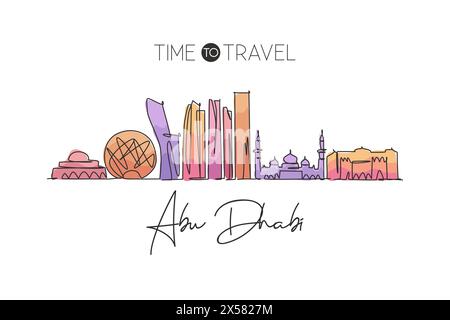 Une seule ligne dessinant l'horizon de la ville d'Abu Dhabi, Émirats arabes Unis. Paysage historique maison décoration murale motif affiche. Meilleure destination de vacances. Illustration de Vecteur