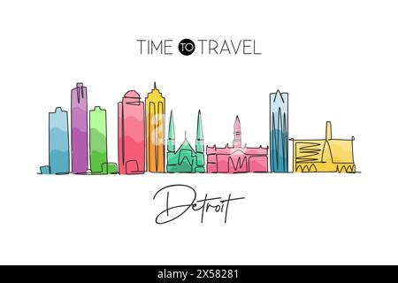 Un dessin au trait continu de l'horizon de la ville de Détroit, États-Unis. Magnifique point de repère. Impression d'affiche de vacances de voyage de tourisme de paysage mondial. Style modifiable s Illustration de Vecteur