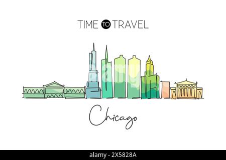 Un dessin au trait de la ville de Chicago, États-Unis. Paysage de ville historique dans le monde. Meilleure destination de vacances. Trait modifiable tren Illustration de Vecteur