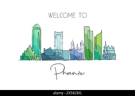 Un dessin au trait continu de la skyline de Phoenix, États-Unis. Magnifique point de repère. Tourisme de paysage mondial et vacances de voyage. Style modifiable Illustration de Vecteur