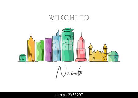 Dessin au trait continu unique de l'horizon de la ville de Nairobi, Kenya. Célèbre grattoir de ville et paysage maison décoration murale impression d'affiche. World Travel Concepp Illustration de Vecteur