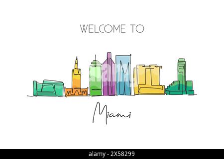 Une seule ligne dessinant Miami City skyline, États-Unis. Paysage de ville historique. Meilleure destination de vacances maison décoration murale poster imprimé Tendance Illustration de Vecteur