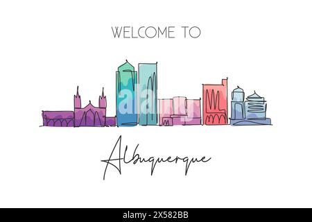 Dessin au trait continu unique de l'horizon de la ville d'Albuquerque, Nouveau-Mexique. Paysage de ville célèbre. World Travel concept Home Wall Decor poster imprimé Illustration de Vecteur