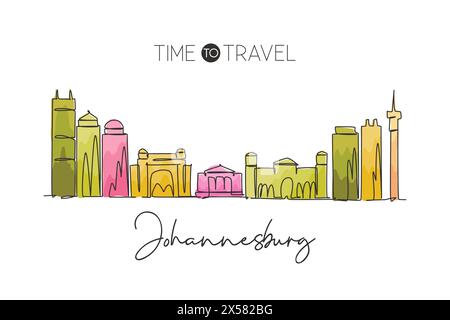 Une seule ligne dessinant l'horizon de la ville de Johannesburg, Afrique du Sud. Carte postale de paysage de lieu historique. Meilleure destination de vacances. Trait modifiable tendance Illustration de Vecteur