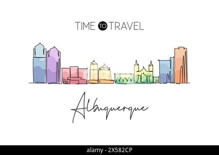 Un dessin au trait continu de l'horizon de la ville d'Albuquerque, Nouveau-Mexique. Magnifique point de repère. Affiche de voyage touristique de paysage mondial Style modifiable s Illustration de Vecteur