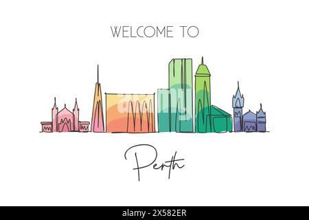 Un dessin à la ligne de Perth City skyline, Australie. Paysage de ville historique. Meilleure destination de vacances maison décoration mur art imprimé affiche. Tendance Illustration de Vecteur