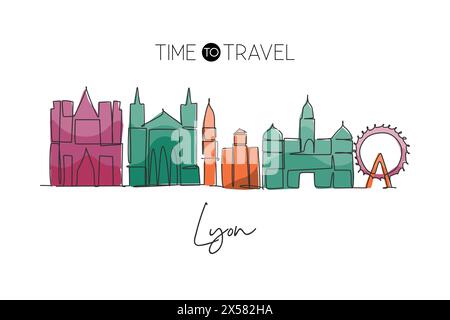 Dessin au trait continu unique de Lyon City skyline France. Célèbre paysage de gratte-ciel de ville. Concept d'affiche d'impression d'art de décor mural de voyage du monde. Editab Illustration de Vecteur