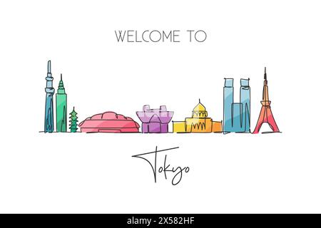 Un dessin au trait continu de la ville de Tokyo, Japon. Magnifique point de repère. Tourisme de paysage mondial et affiche de vacances de voyage. Str. Élégante modifiable Illustration de Vecteur