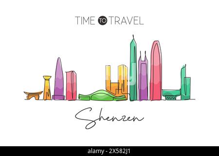 Ligne continue unique dessinant Shenzhen City skyline, Chine. Célèbre grattoir de ville et paysage maison décoration murale impression d'affiche d'art. Concept de voyage mondial. Illustration de Vecteur