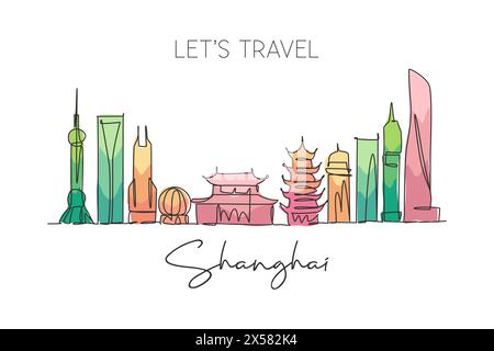 Un dessin à la ligne de Shanghai City skyline, Chine. Paysage de ville historique dans le monde. Meilleure destination de vacances. Trait modifiable continuo tendance Illustration de Vecteur