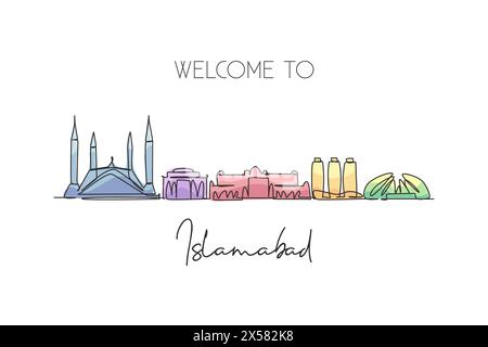 Un dessin au trait continu de l'horizon de la ville d'Islamabad, Pakistan. Magnifique point de repère de la ville. Tourisme de paysage mondial et vacances de voyage. Styles modifiables Illustration de Vecteur
