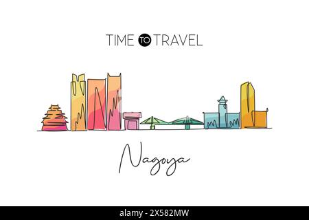 Dessin en ligne continue unique de l'horizon de la ville de Nagoya, au Japon. Célèbre grattoir de ville et paysage. World Travel concept maison décoration mur art imprimé poster Illustration de Vecteur