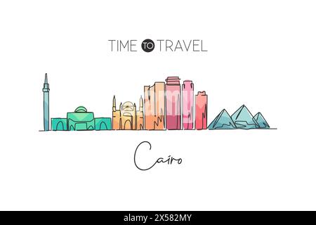 Un dessin au trait de l'horizon de la ville du Caire, Égypte. Imprimé carte postale paysage de ville historique. Meilleure destination de vacances. Trait modifiable Trendy conti Illustration de Vecteur