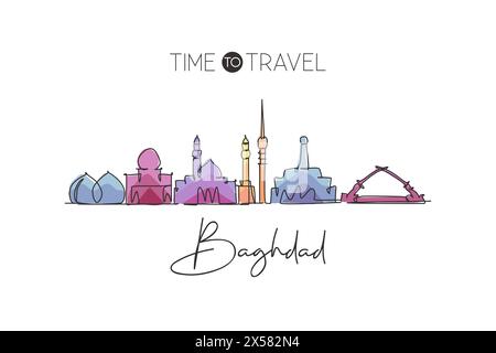 Un dessin au trait continu de la ville de Bagdad, Irak. Magnifique point de repère de la ville. Tourisme de paysage mondial et vacances de voyage. Chanter stylé modifiable Illustration de Vecteur