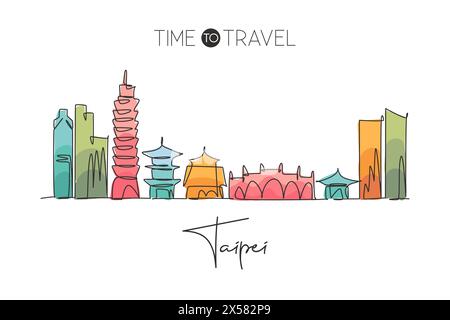 Dessin au trait continu unique de l'horizon de la ville de Taipei, Taiwan. Célèbre grattoir de ville et paysage maison décoration murale impression d'affiche d'art. World Travel Concepp Illustration de Vecteur