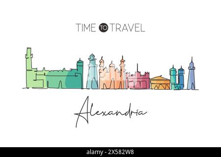 Un dessin à la ligne de l'horizon de la ville d'Alexandrie, Égypte. Ville historique paysage maison mur décor poster imprimé Meilleure destination de vacances. Tendance Illustration de Vecteur