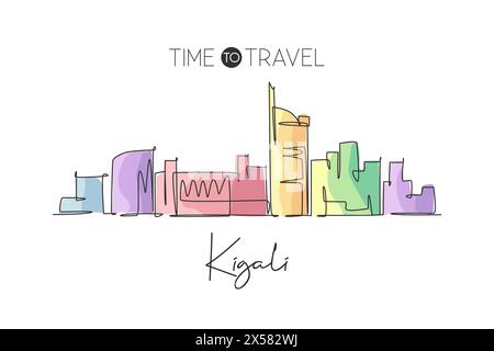 Dessin au trait continu unique de l'horizon de la ville de Kigali, Rwanda. Célèbre ville grattoir et paysage maison décoration murale poster imprimé World Travel Concepp Illustration de Vecteur