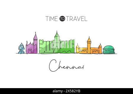 Un dessin au trait continu de l'horizon de la ville de Chennai, Inde. Superbe imprimé ville emblématique. Tourisme de paysage mondial voyage vacances. Style modifiable s Illustration de Vecteur