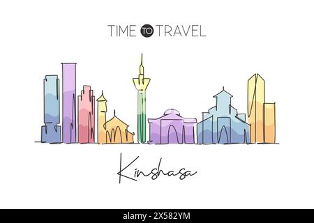 Une seule ligne dessinant l'horizon de la ville de Kinshasa, Congo. Paysage de ville historique dans le monde. Meilleure destination de vacances. Trait modifiable tendance continue Illustration de Vecteur