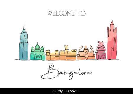 Ligne continue unique dessinant l'horizon de la ville de Bangalore, Inde. Célèbre grattoir de ville et paysage maison décoration murale impression d'affiche. Concept de voyage mondial Illustration de Vecteur