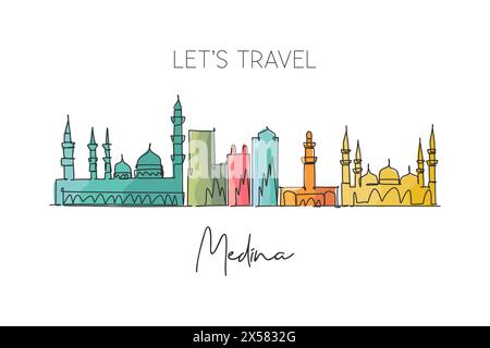 Ligne continue unique dessinant Medina skyline Arabie Saoudite. Célèbre ville grattoir paysage carte postale imprimé Concept de destination de voyage mondial. Moderne Illustration de Vecteur