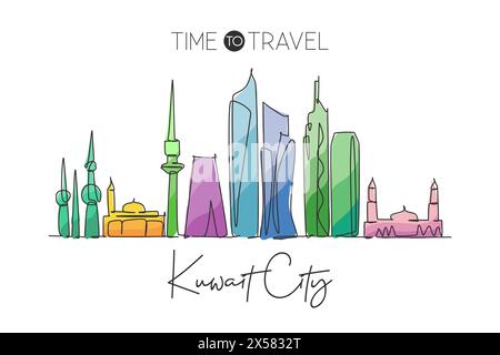 Un dessin au trait continu de l'horizon de Koweït City, Koweït. Magnifique point de repère de la ville. Tourisme de paysage mondial et vacances de voyage. Str. Élégante modifiable Illustration de Vecteur