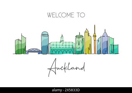 Ligne continue unique dessinant Auckland skyline, Nouvelle-Zélande. Célèbre carte postale de paysage de grattoir de ville. Concept de destination de voyage mondial. Contour modifiable Illustration de Vecteur