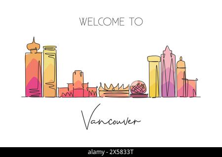 Ligne continue simple dessinant la ville Vancouver skyline, Canada. Célèbre carte postale de paysage de grattoir de ville. Concept de destination de voyage mondial. Stro modifiable Illustration de Vecteur